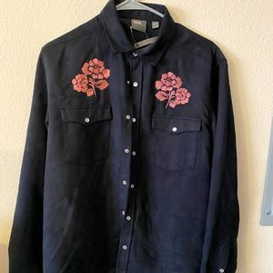 Navy blue velvet like button up
